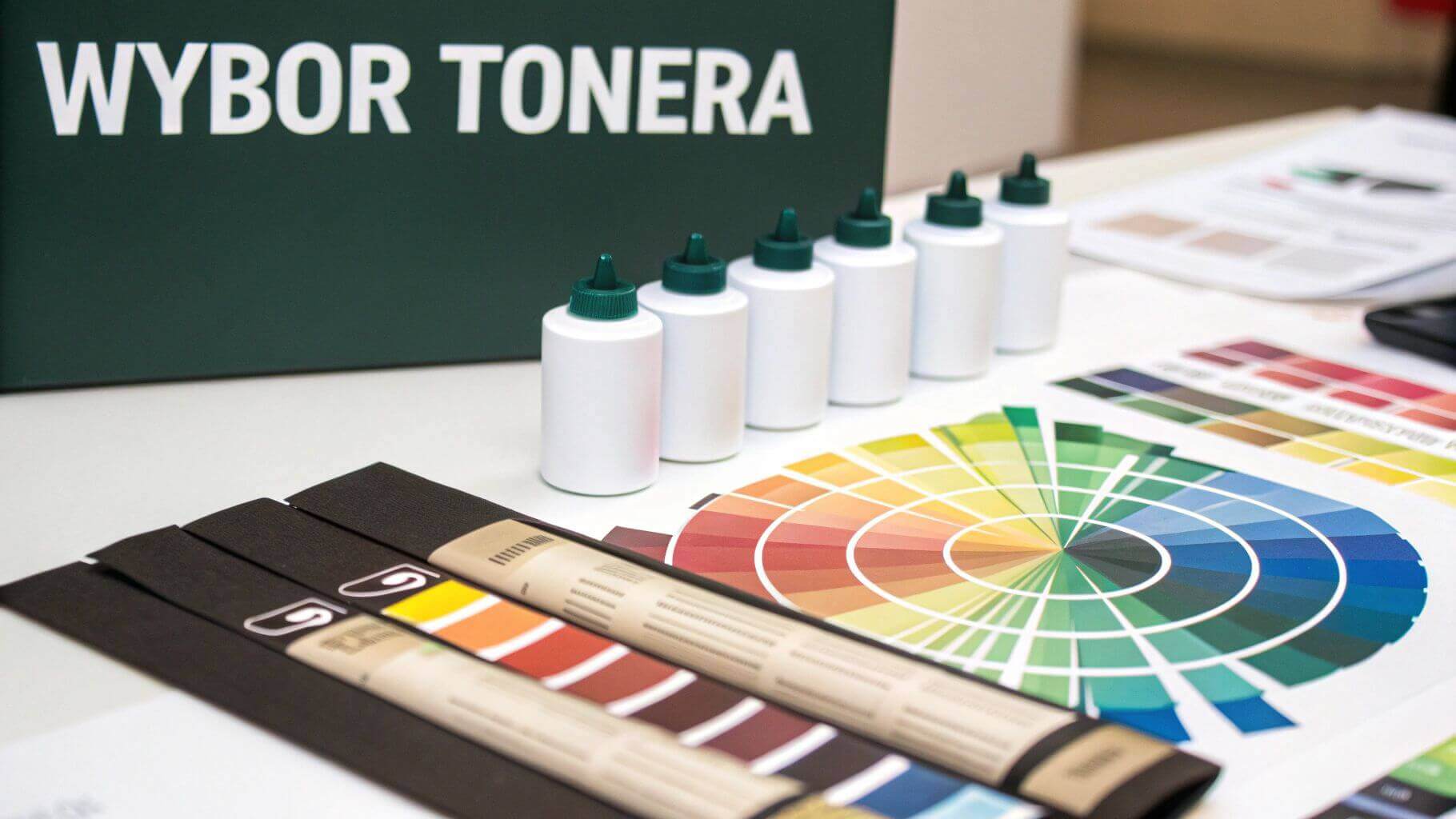 Wybór tonera do włosów - butelki z tonerem, paleta kolorów i próbniki odcieni na stole