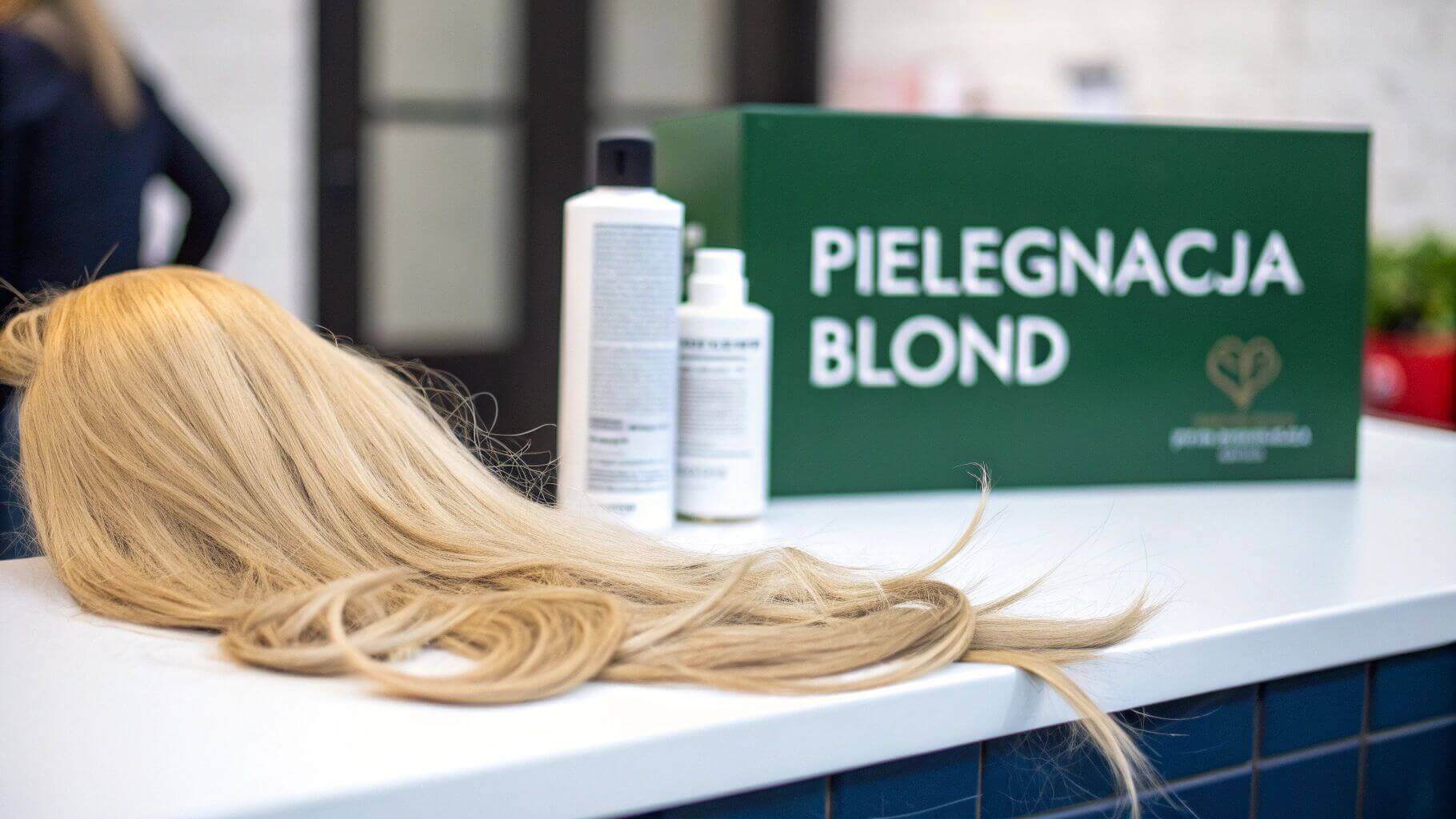 Produkty do pielęgnacji blond włosów - szampon, odżywka i treski na białym blacie w salonie fryzjerskim