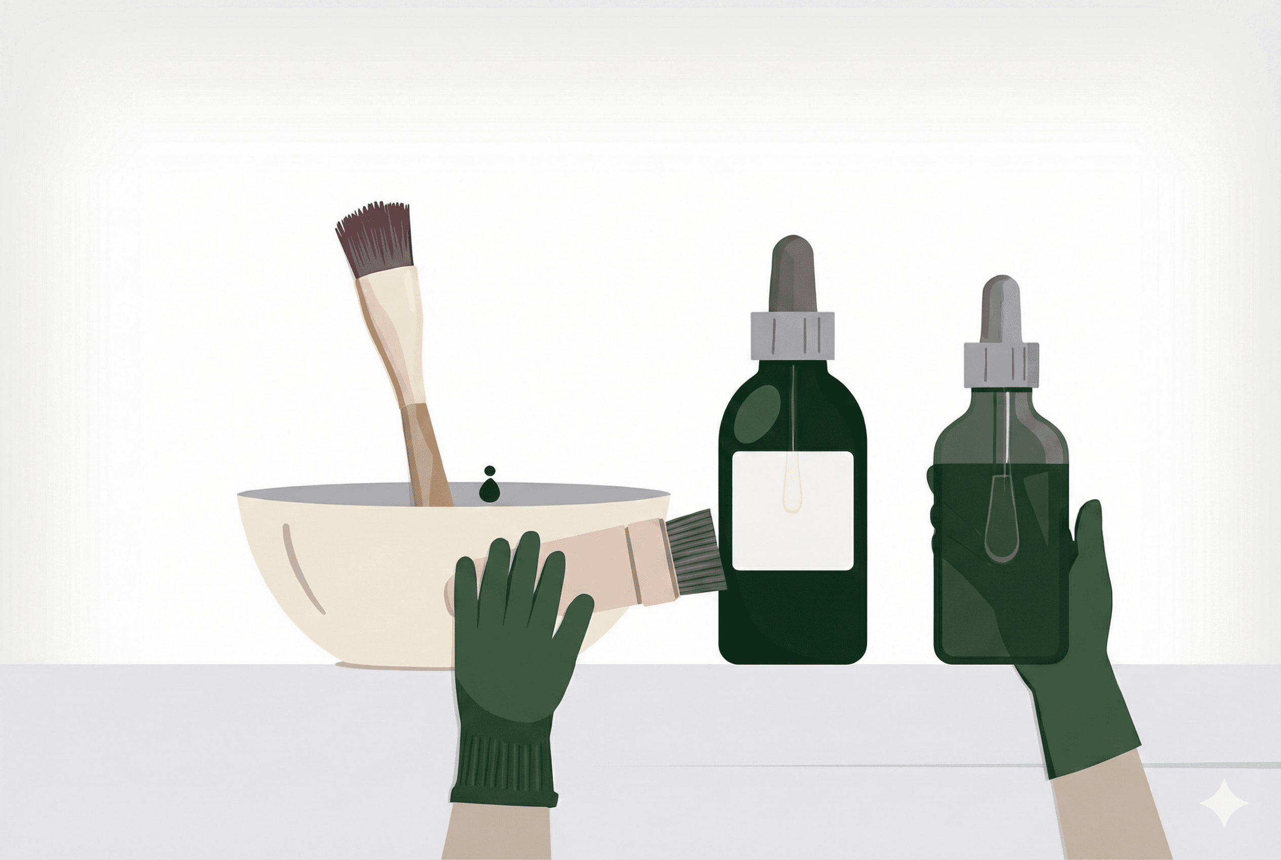 Ilustracja miski z pędzlem, tubki farby i butelek z tonerem do włosów w fioletowych odcieniach