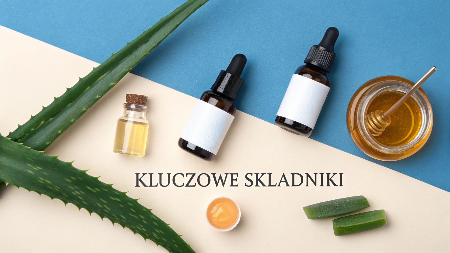 Naturalne składniki nawilżające do włosów: aloes, miód, olejki i serum na kolorowym tle