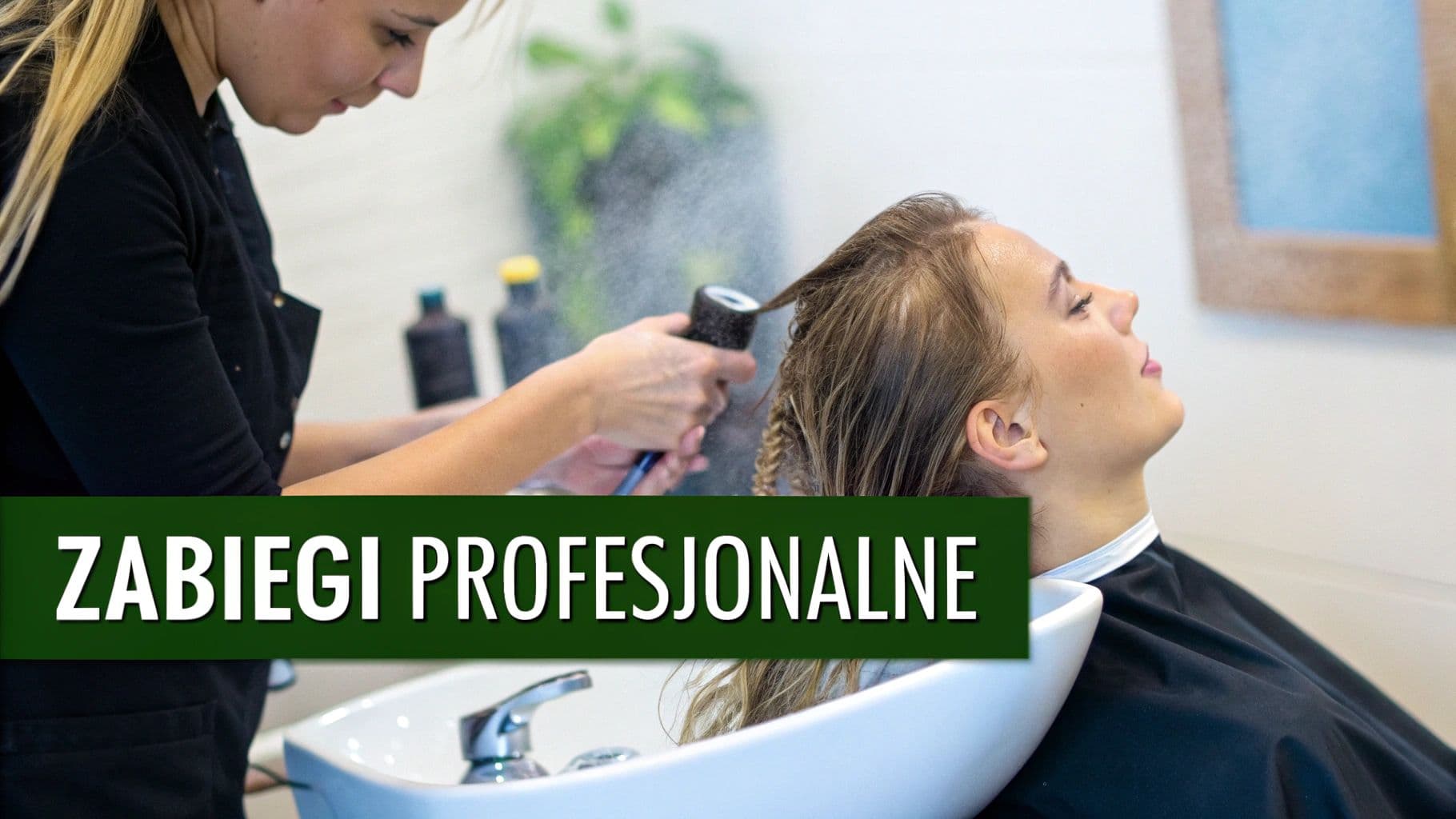 Profesjonalny fryzjer aplikujący spray nawilżający na włosy klientki w salonie fryzjerskim podczas zabiegu pielęgnacyjnego